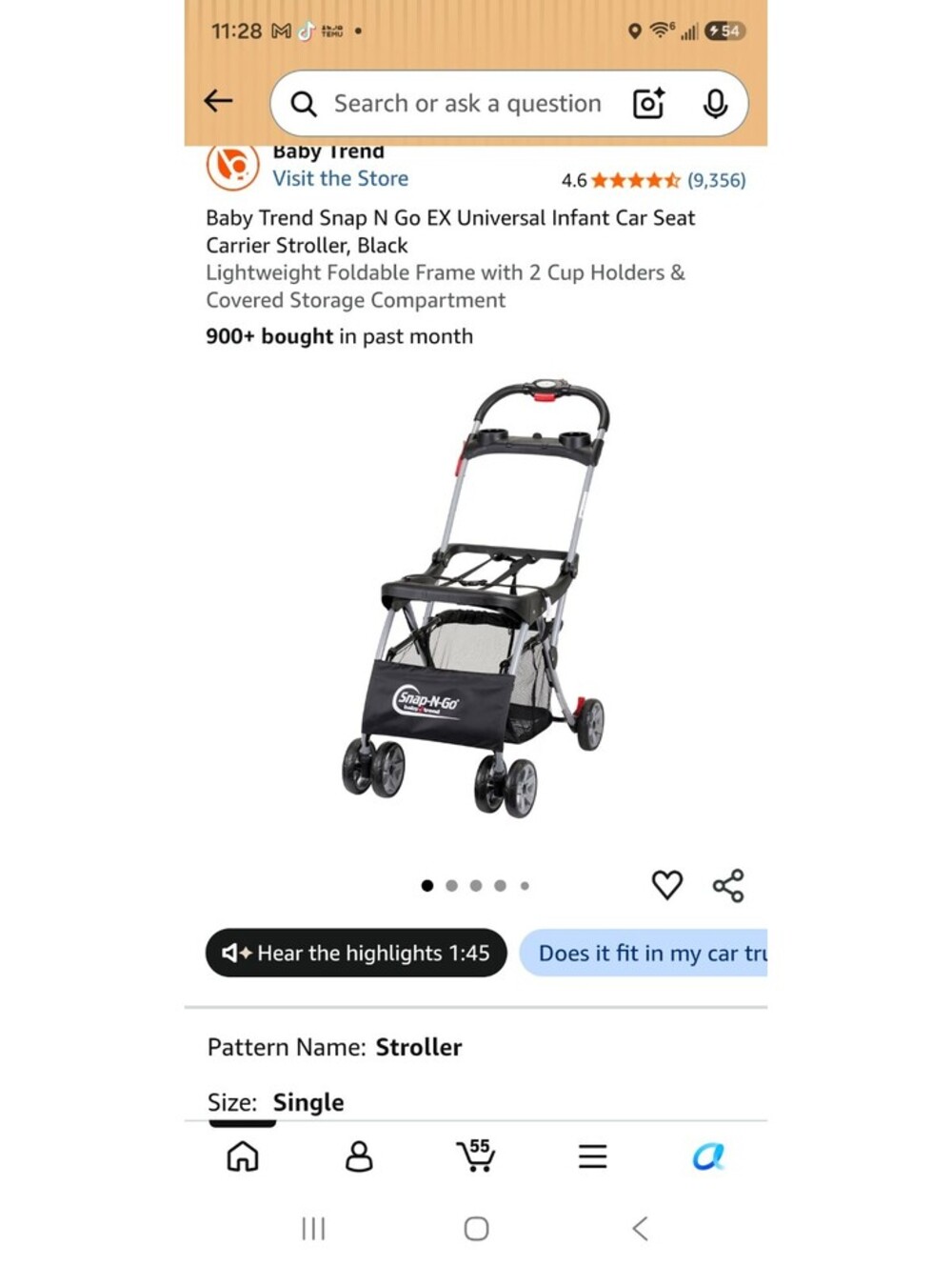 Baby Trend Snap N Go EX Universal Infant Car Seat Carrier Stroller, Black